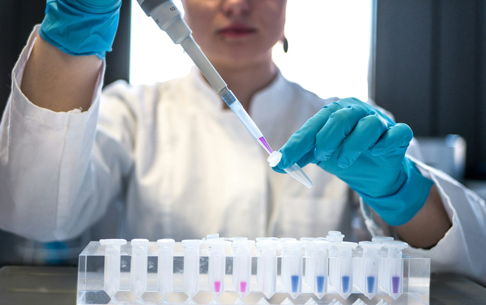 Scientist pipetting into test tubes