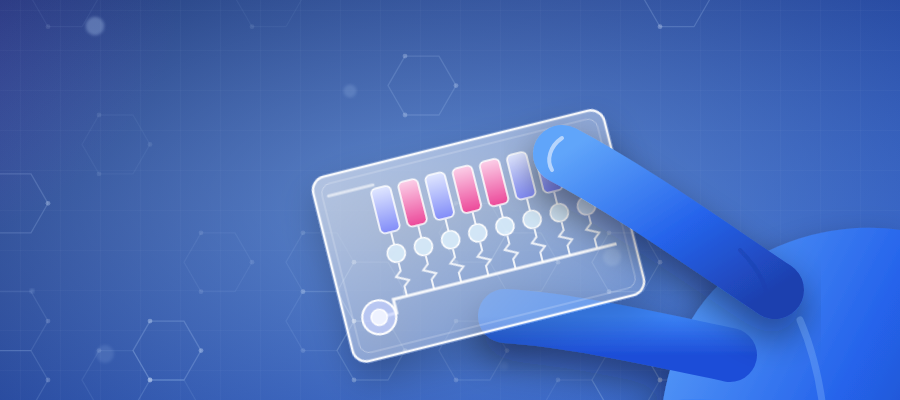 Illustration of a gloved hand holding a clear microfluidic chip