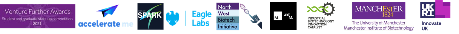 Supporters and partners: Venture Further Awards 2021, accelerate me, SPARK, Barclays Eagle Labs, North West Biotech Initiative, Unit M, Industrial Biotechnology Innovation Catalyst, The University of Manchester and Manchester Institute of Biotechnology, and UKRI Innovate UK