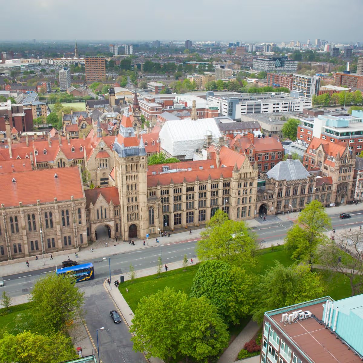Aerial view of the University of Manchester's Whitworth Building on Oxford Road, Manchester